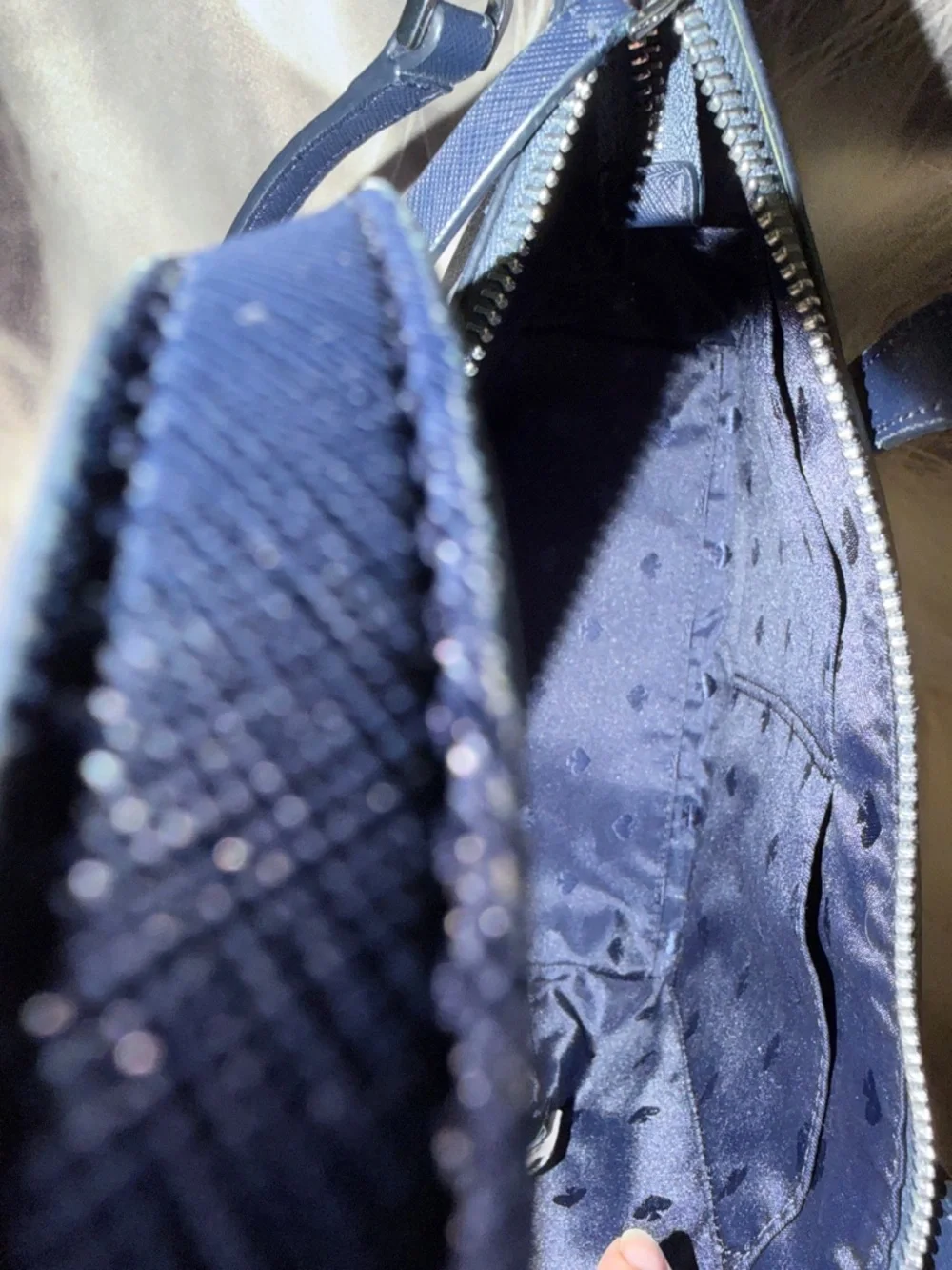 Kate Spade blue  Metallic Glitter Shoulder Tote with navy blue handle and strap. - Picture 9 of 11